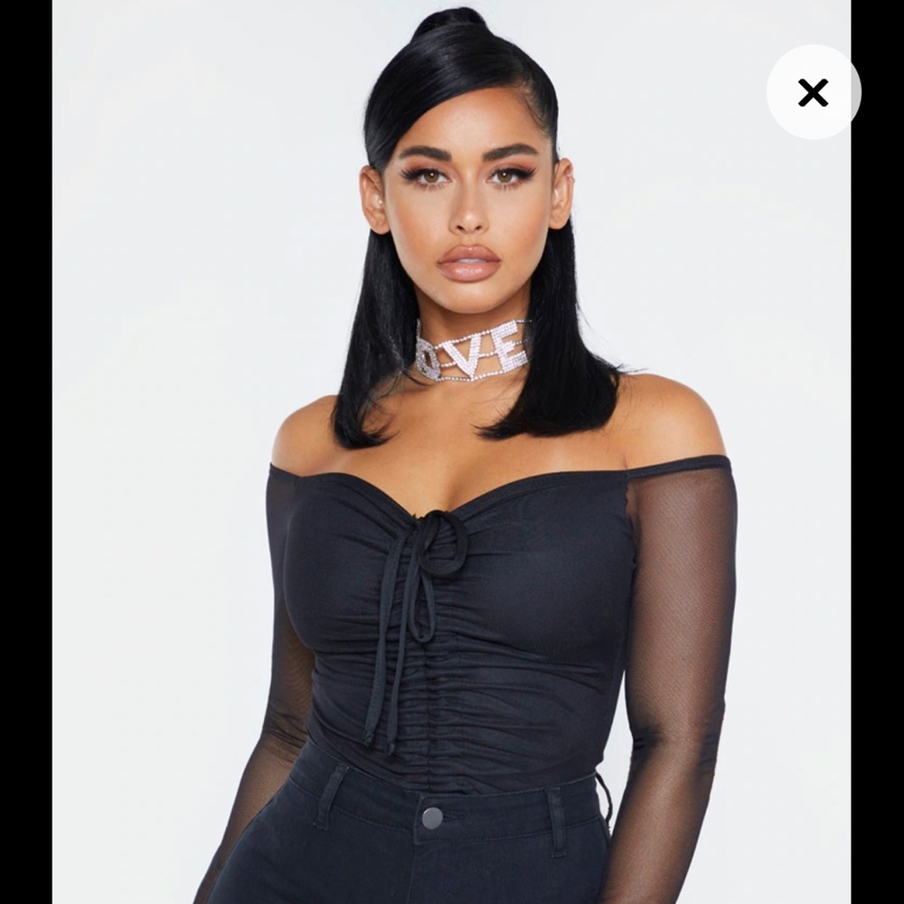 PLT Black Mesh Long Sleeve Ruched Bodysuit